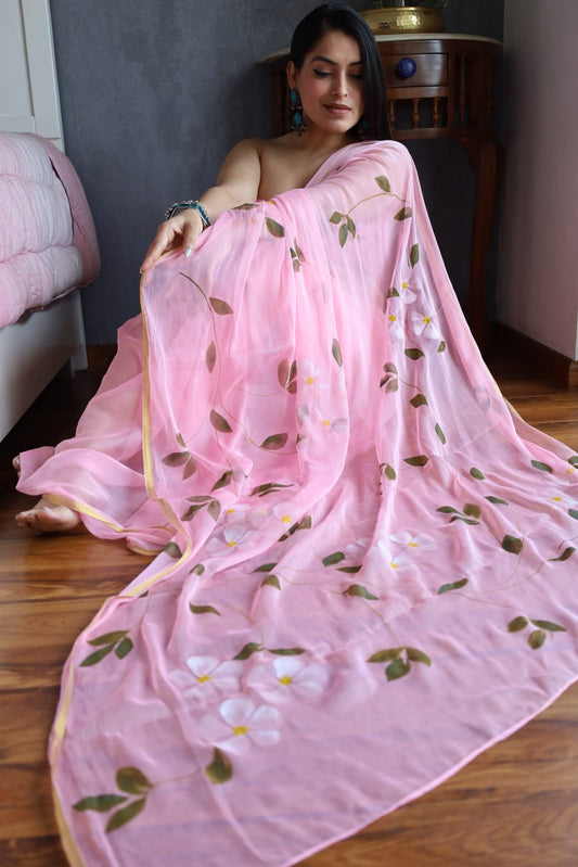 Hand Brush Painted Chiffon Saree with Blouse ( CIA41)