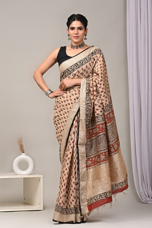 HAND BLOCK BAGRU PRINTED ART SILK CHANDERI SAREE WITH BLOUSE (CIH37)