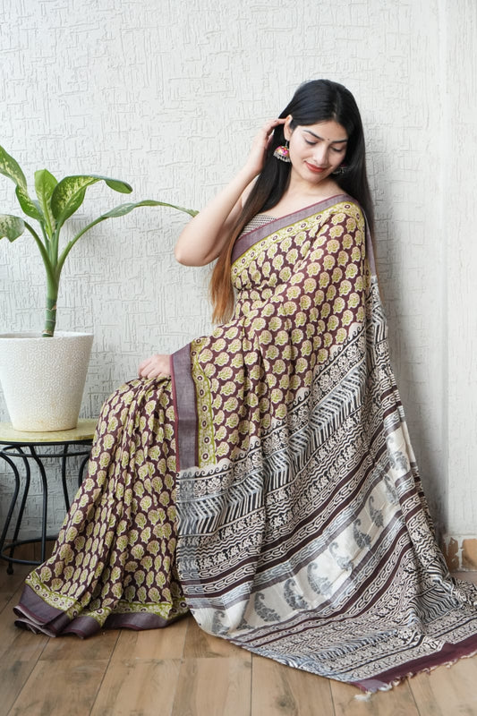 HAND BLOCK BLACK & WHITE PRINTED COTTON LINEN SAREE WITH BLOUSE (LCS147)