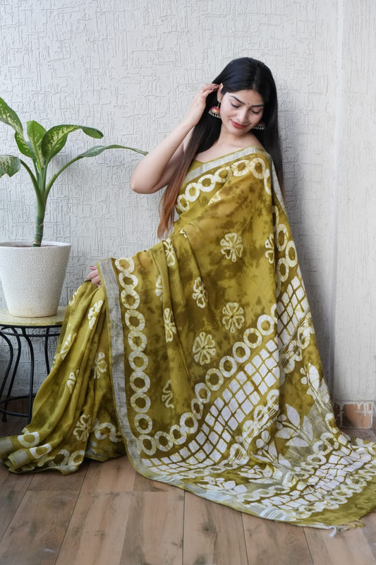 HAND BLOCK BLACK & WHITE PRINTED COTTON LINEN SAREE WITH BLOUSE (LCS148)