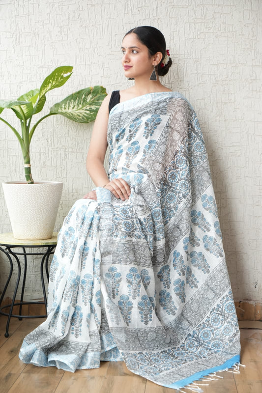 HAND BLOCK BLACK & WHITE PRINTED COTTON LINEN SAREE WITH BLOUSE (LCS149)