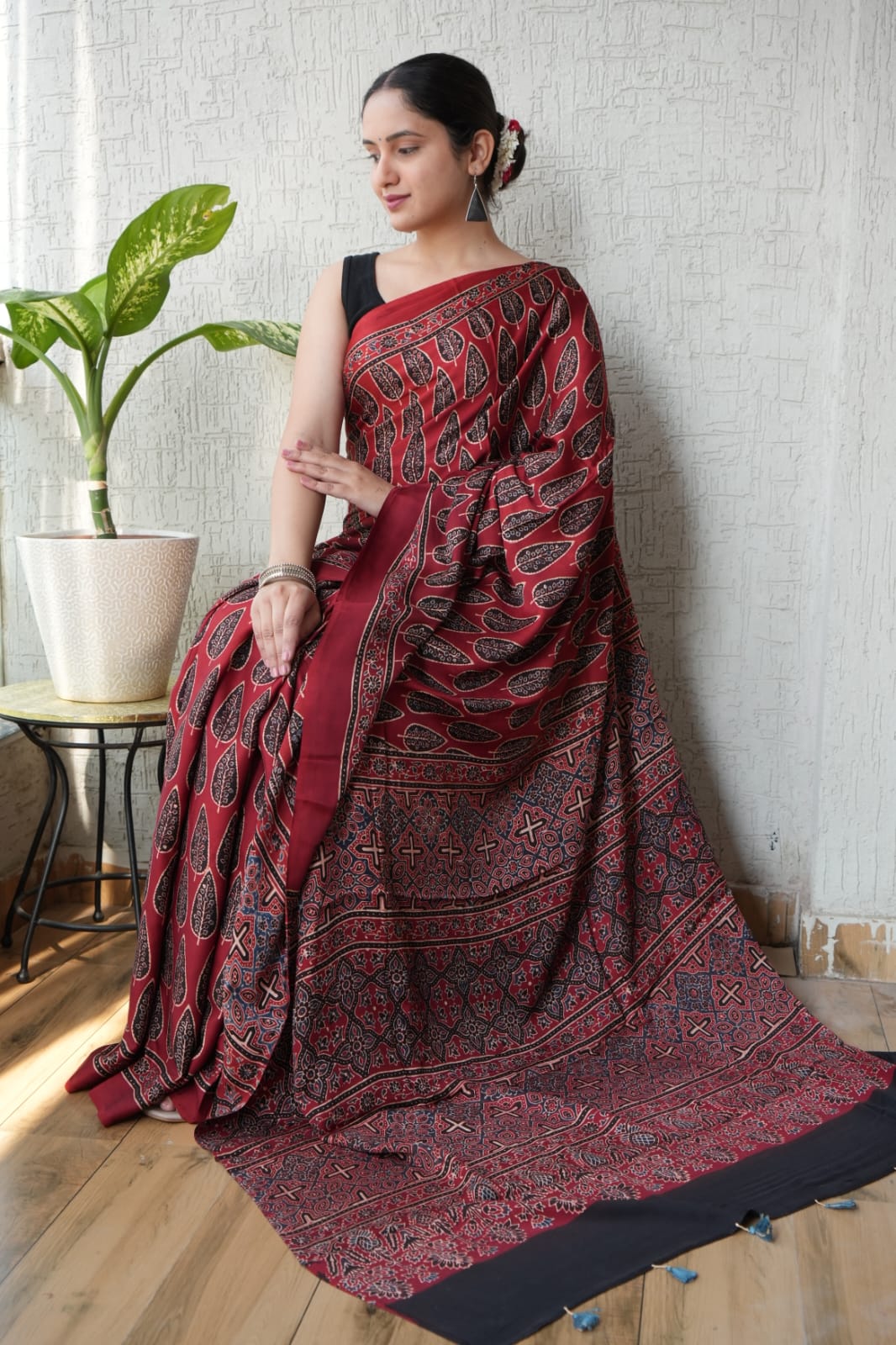 HAND BLOCK PRINTED AJRAKH MODAL SILK SAREE (CIG57)