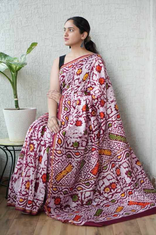 Bagru Hand Block Printed Chanderi Silk Saree with Blouse (CSS110)