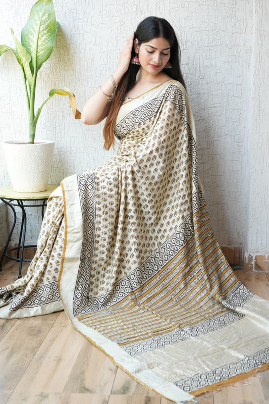 HAND BLOCK BAGRU PRINTED ART SILK CHANDERI SAREE WITH BLOUSE (CIH40)