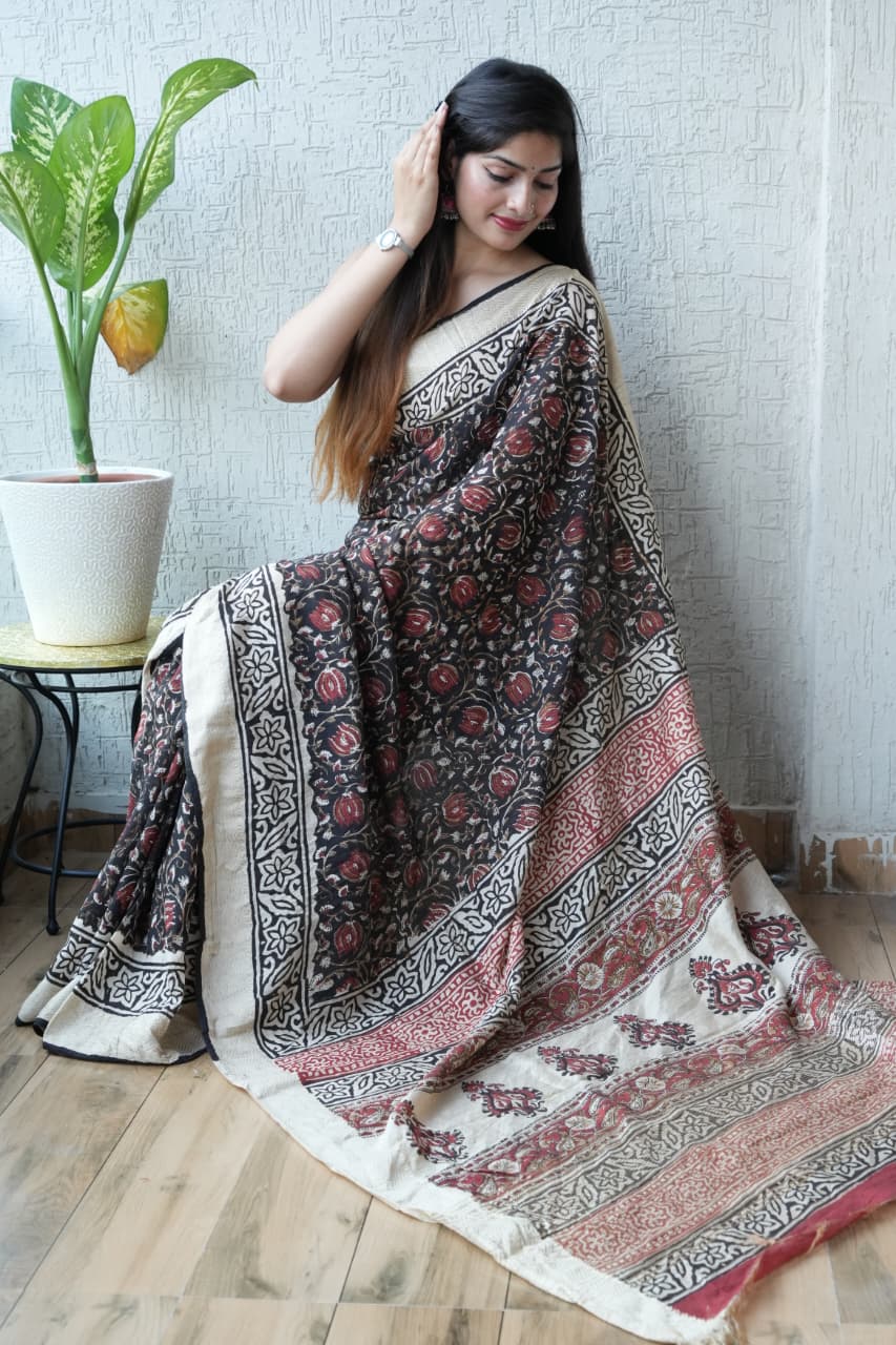 HAND BLOCK BAGRU PRINTED ART SILK CHANDERI SAREE WITH BLOUSE (CIH46)