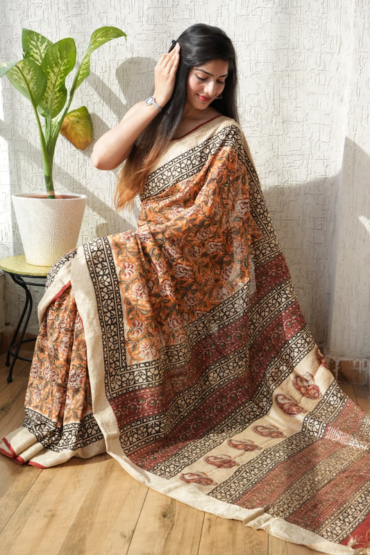 HAND BLOCK BAGRU PRINTED ART SILK CHANDERI SAREE WITH BLOUSE (CIH49)