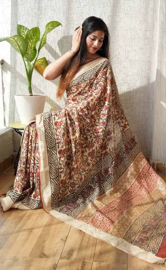 HAND BLOCK BAGRU PRINTED ART SILK CHANDERI SAREE WITH BLOUSE (CIH50)