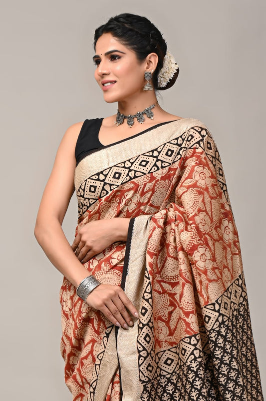 HAND BLOCK BAGRU PRINTED ART SILK CHANDERI SAREE WITH BLOUSE (CIH51)