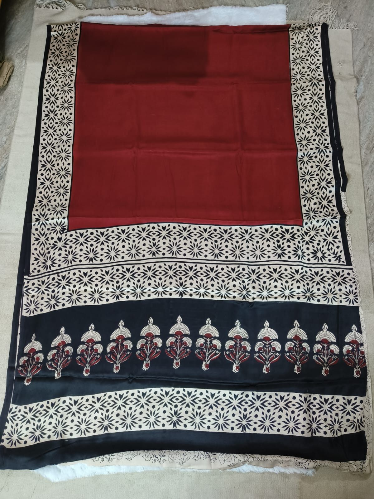 Ajrakh Hand Block Bagru Vanspati Printend Modal Silk Saree with Blouse (CID78)