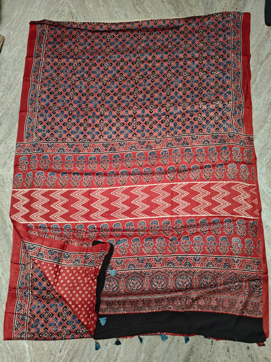 HAND BLOCK PRINTED AJRAKH MODAL SILK SAREE (CIG59)