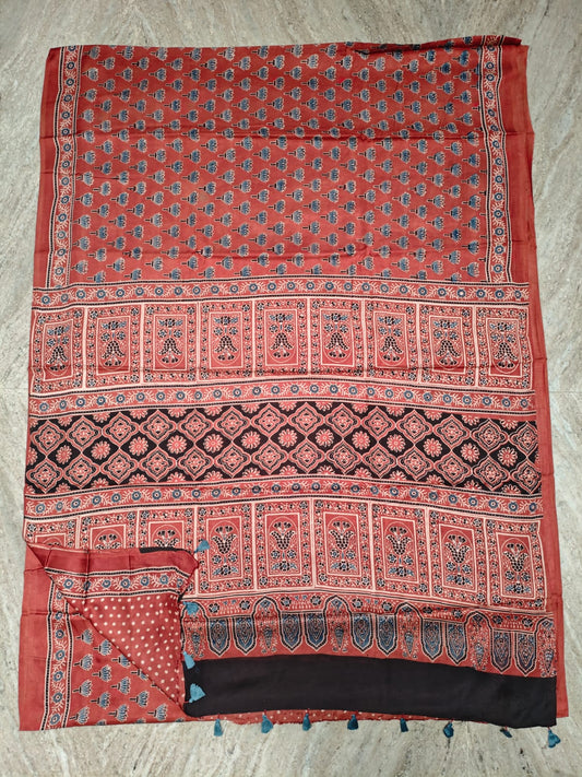 HAND BLOCK PRINTED AJRAKH MODAL SILK SAREE (CIG61)