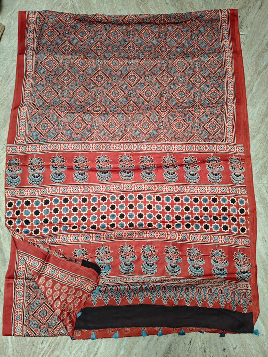 HAND BLOCK PRINTED AJRAKH MODAL SILK SAREE (CIG62)