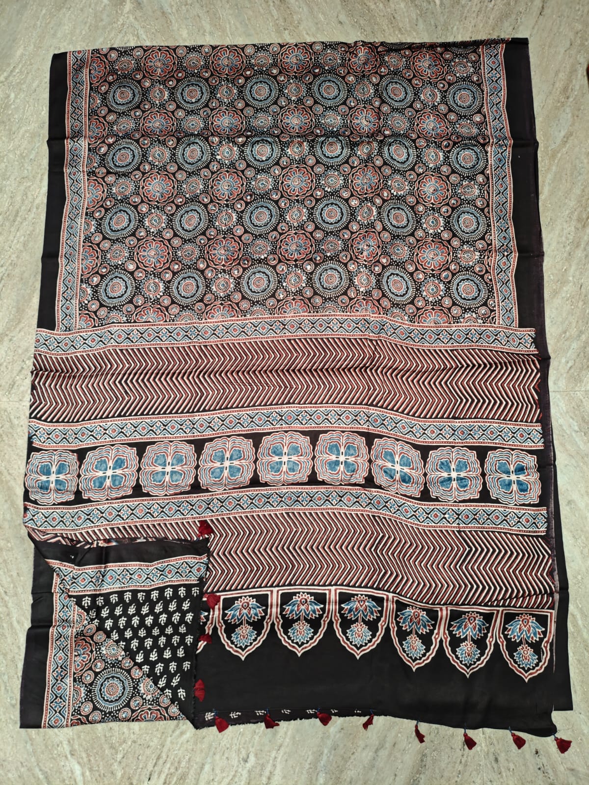 HAND BLOCK PRINTED AJRAKH MODAL SILK SAREE (CIG64)