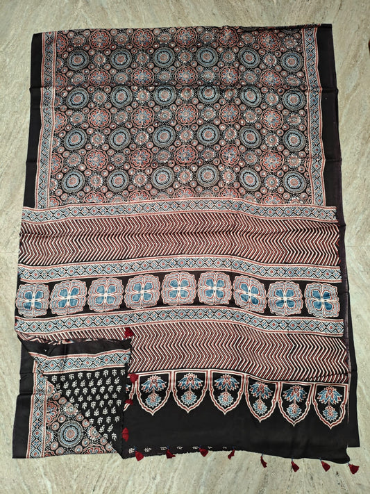 HAND BLOCK PRINTED AJRAKH MODAL SILK SAREE (CIG64)