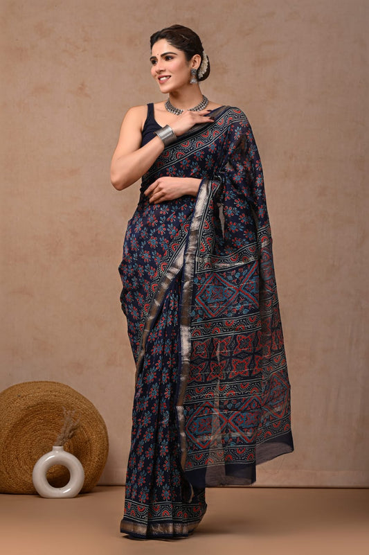Jaipuri Hand Block Bagru Printed Maheshwari Silk Saree With Blouse (MSS132)