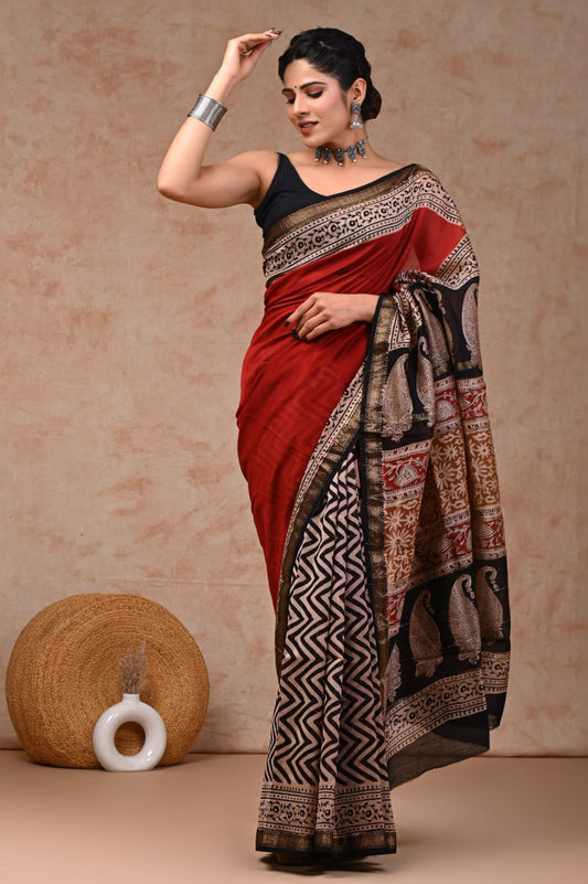 Jaipuri Hand Block Bagru Printed Maheshwari Silk Saree With Blouse (MSS149)