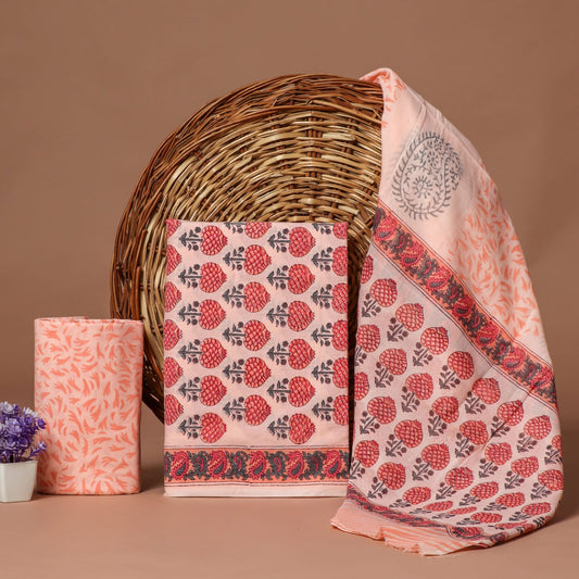 HAND BLOCK PRINTED COTTON 3-PIS SUIT WITH MULMUL DUPPATA (CMS70)