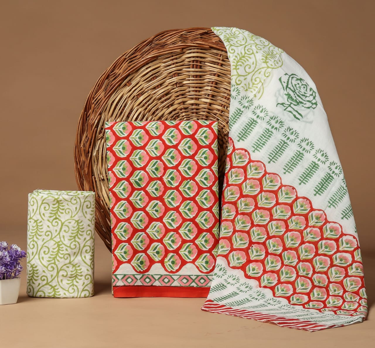 HAND BLOCK PRINTED COTTON 3-PIS SUIT WITH MULMUL DUPPATA (CMS71)