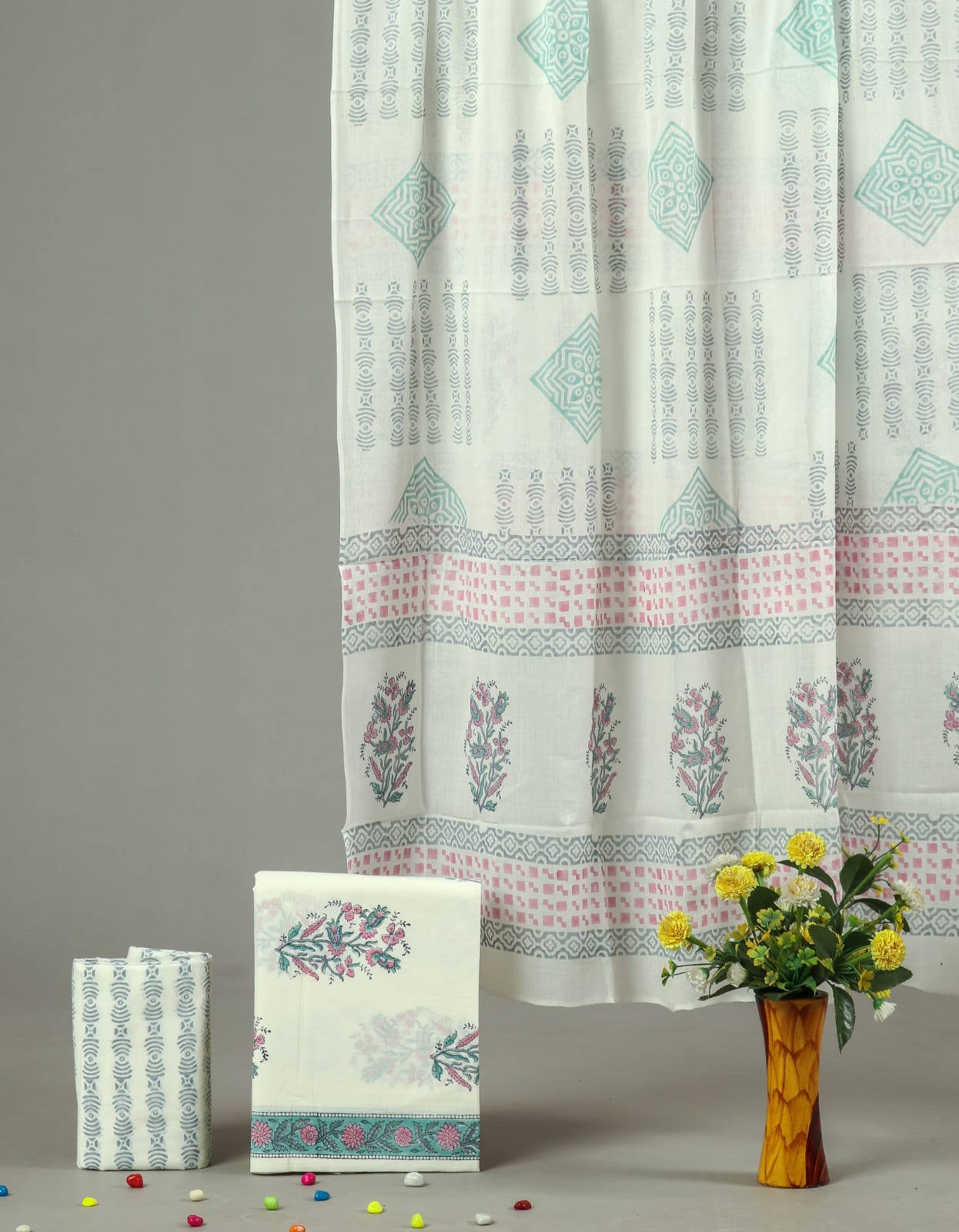 HAND BLOCK PRINTED COTTON 3-PIS SUIT WITH MULMUL DUPPATA (CMS72)