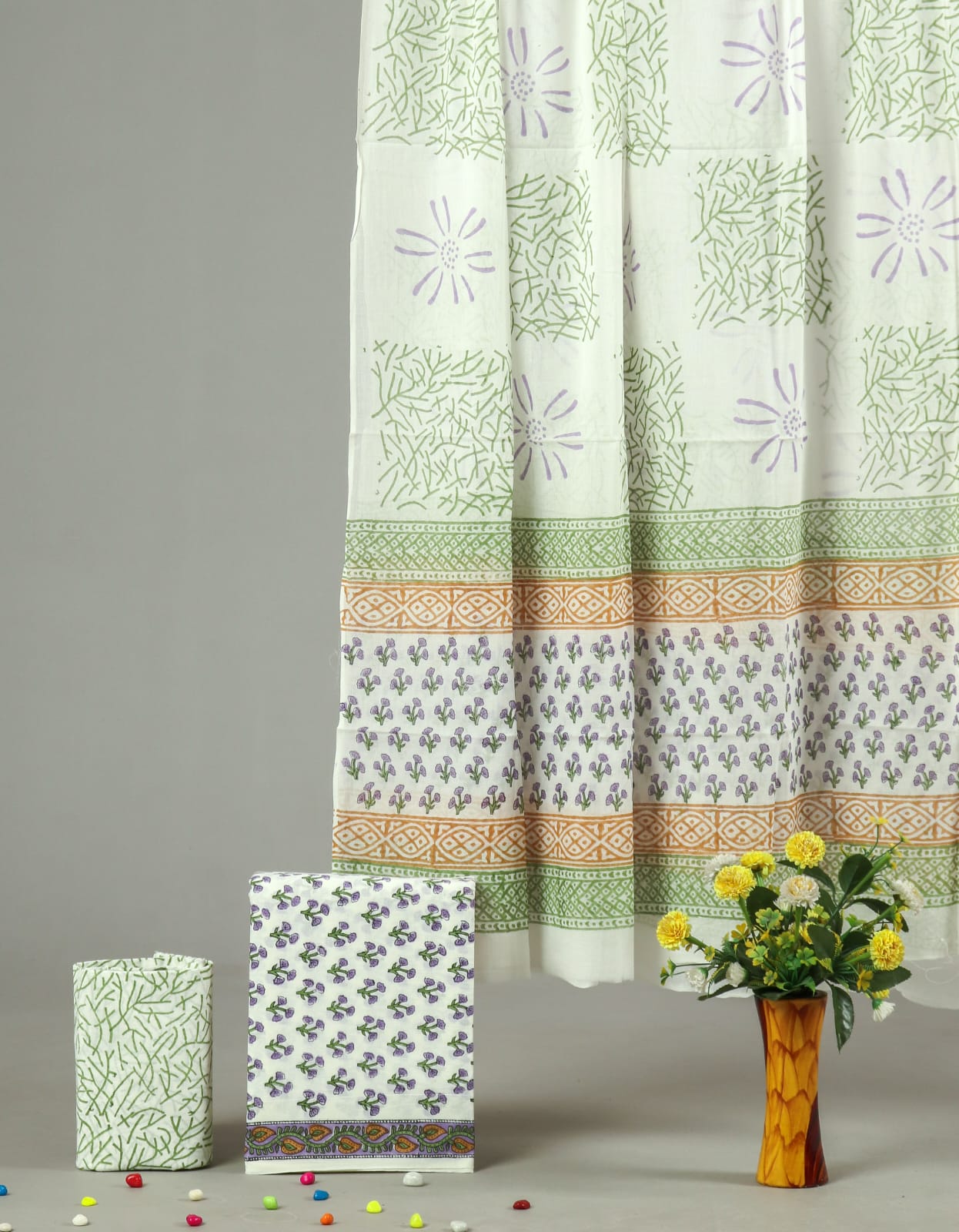 HAND BLOCK PRINTED COTTON 3-PIS SUIT WITH MULMUL DUPPATA (CMS73)