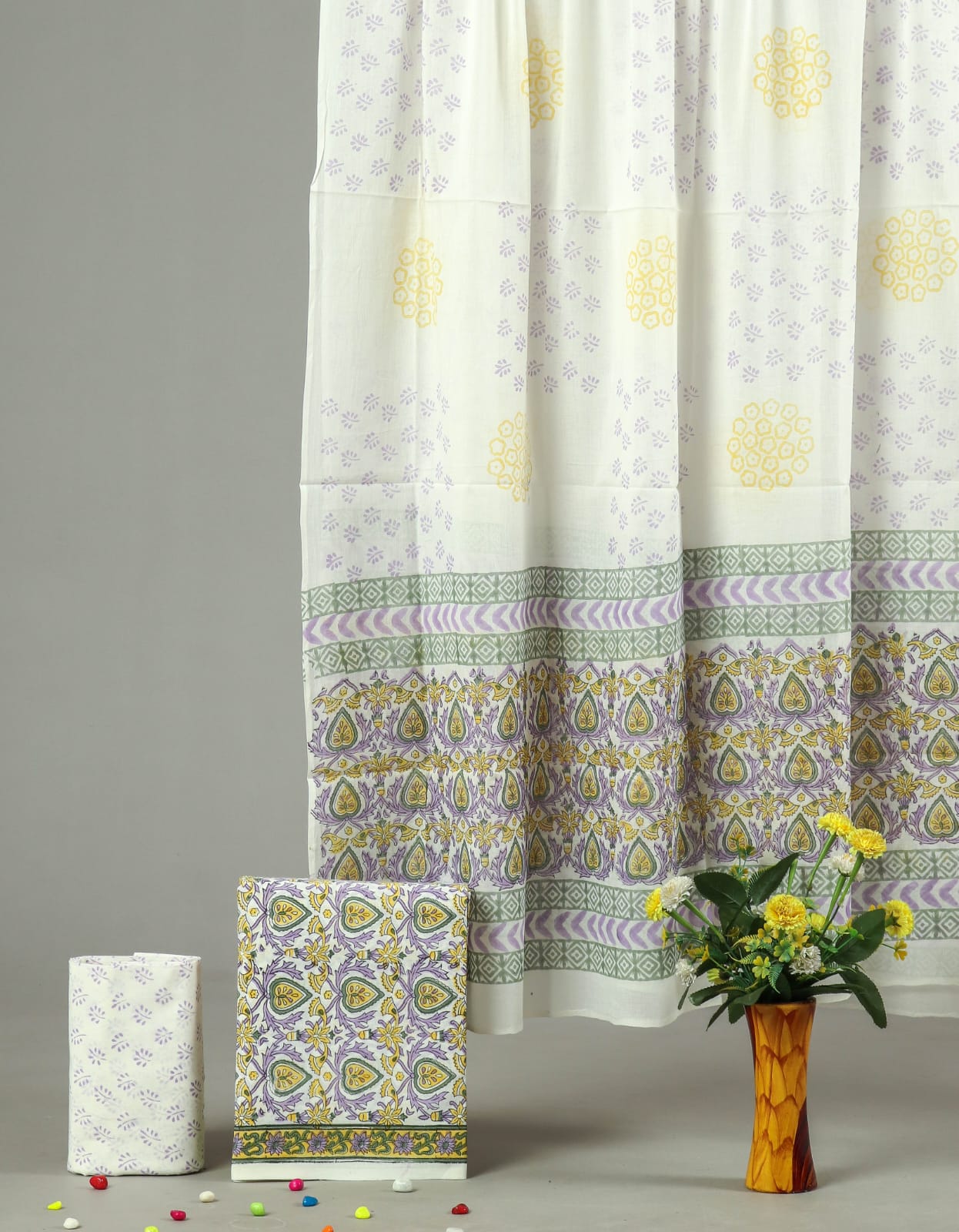 HAND BLOCK PRINTED COTTON 3-PIS SUIT WITH MULMUL DUPPATA (CMS74)