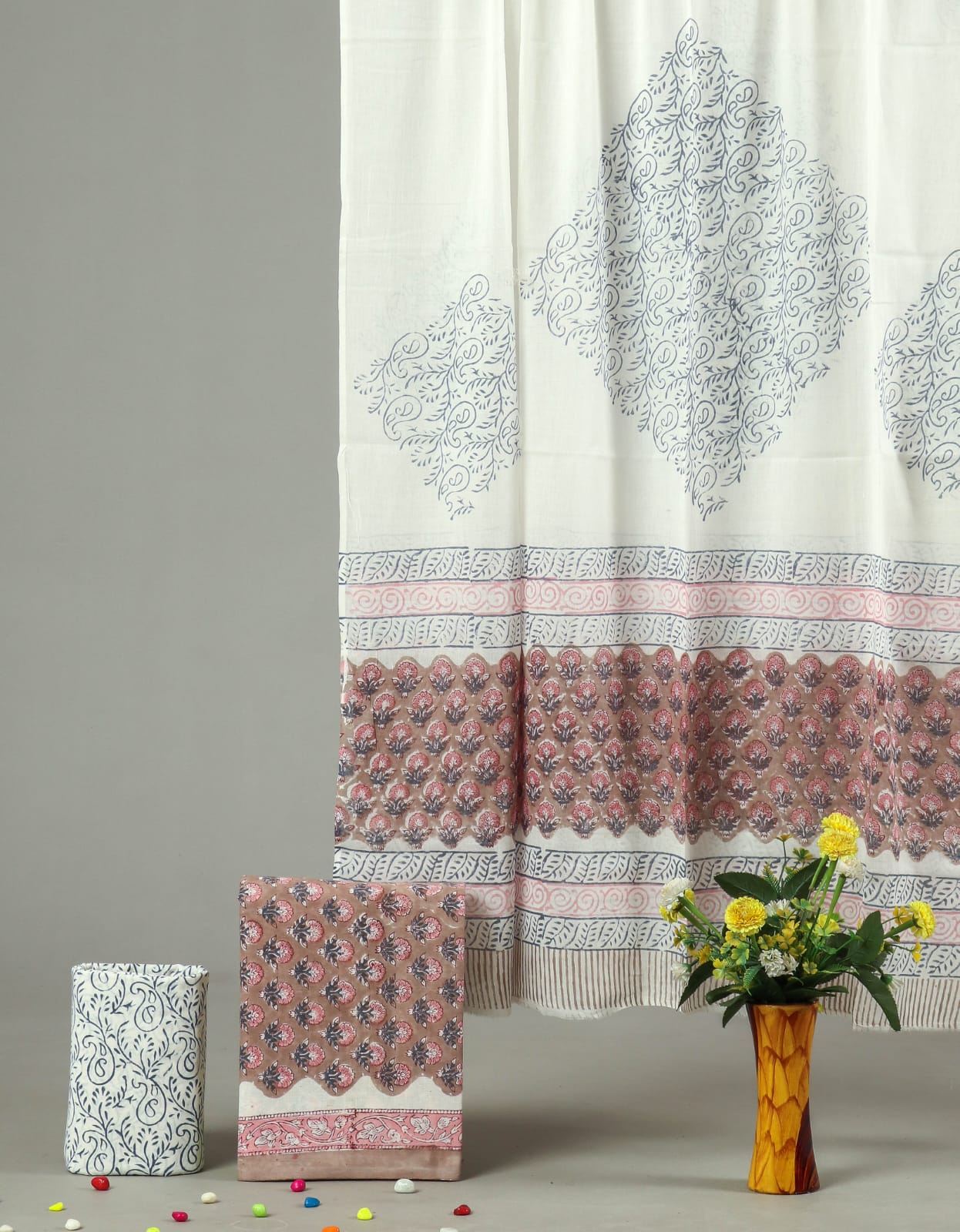 HAND BLOCK PRINTED COTTON 3-PIS SUIT WITH MULMUL DUPPATA (CMS76)