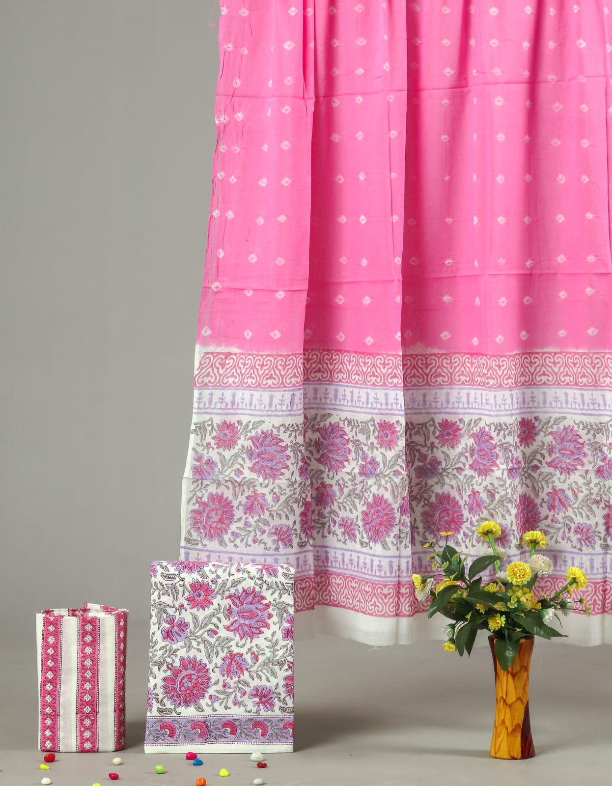 HAND BLOCK PRINTED COTTON 3-PIS SUIT WITH MULMUL DUPPATA (CMS78)