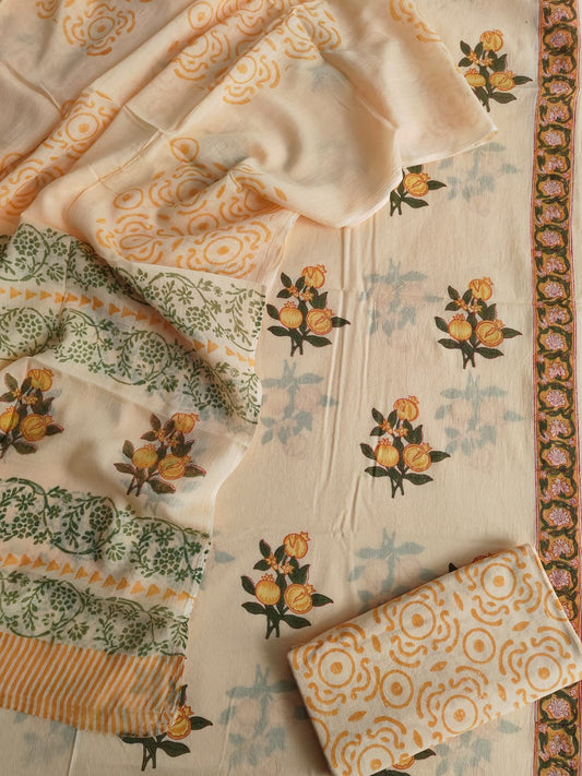 HAND BLOCK PRINTED COTTON 3-PIS SUIT WITH MULMUL DUPPATA (CMS85)