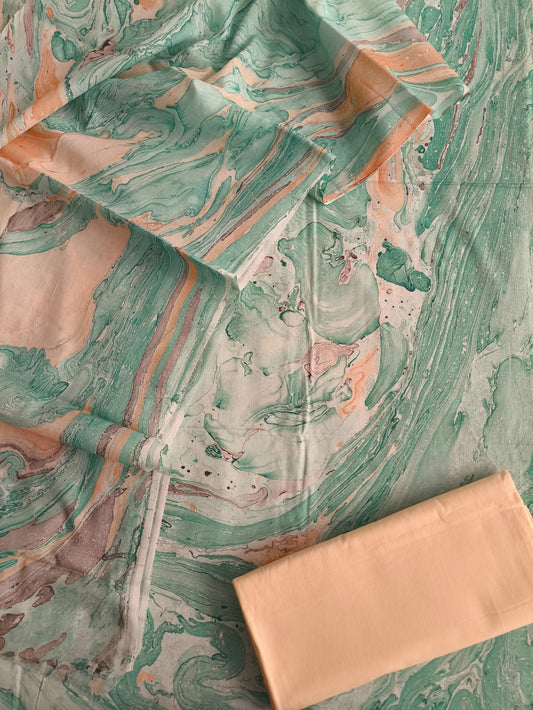 HAND BLOCK PRINTED COTTON 3-PIS SUIT WITH MULMUL DUPPATA (CMS87)