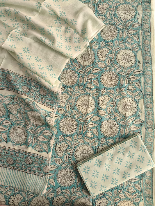HAND BLOCK PRINTED COTTON 3-PIS SUIT WITH MULMUL DUPPATA (CMS91)