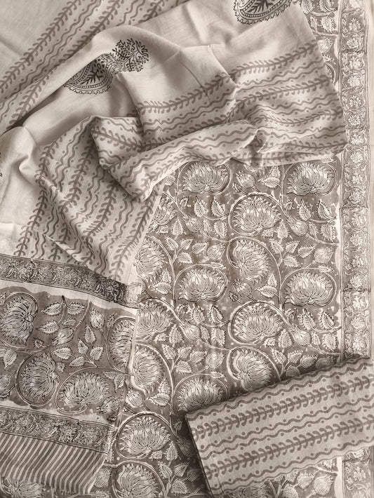 HAND BLOCK PRINTED COTTON 3-PIS SUIT WITH MULMUL DUPPATA (CMS94)
