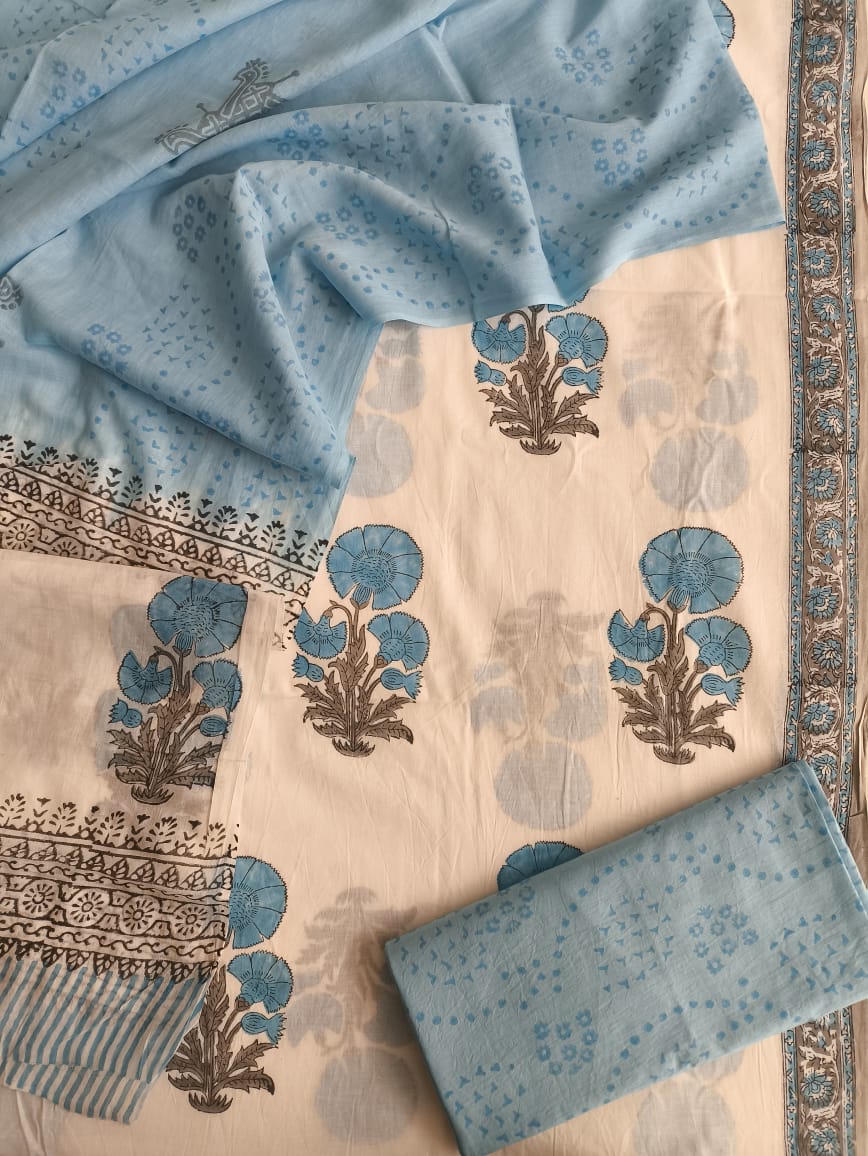 HAND BLOCK PRINTED COTTON 3-PIS SUIT WITH MULMUL DUPPATA (CMS95)