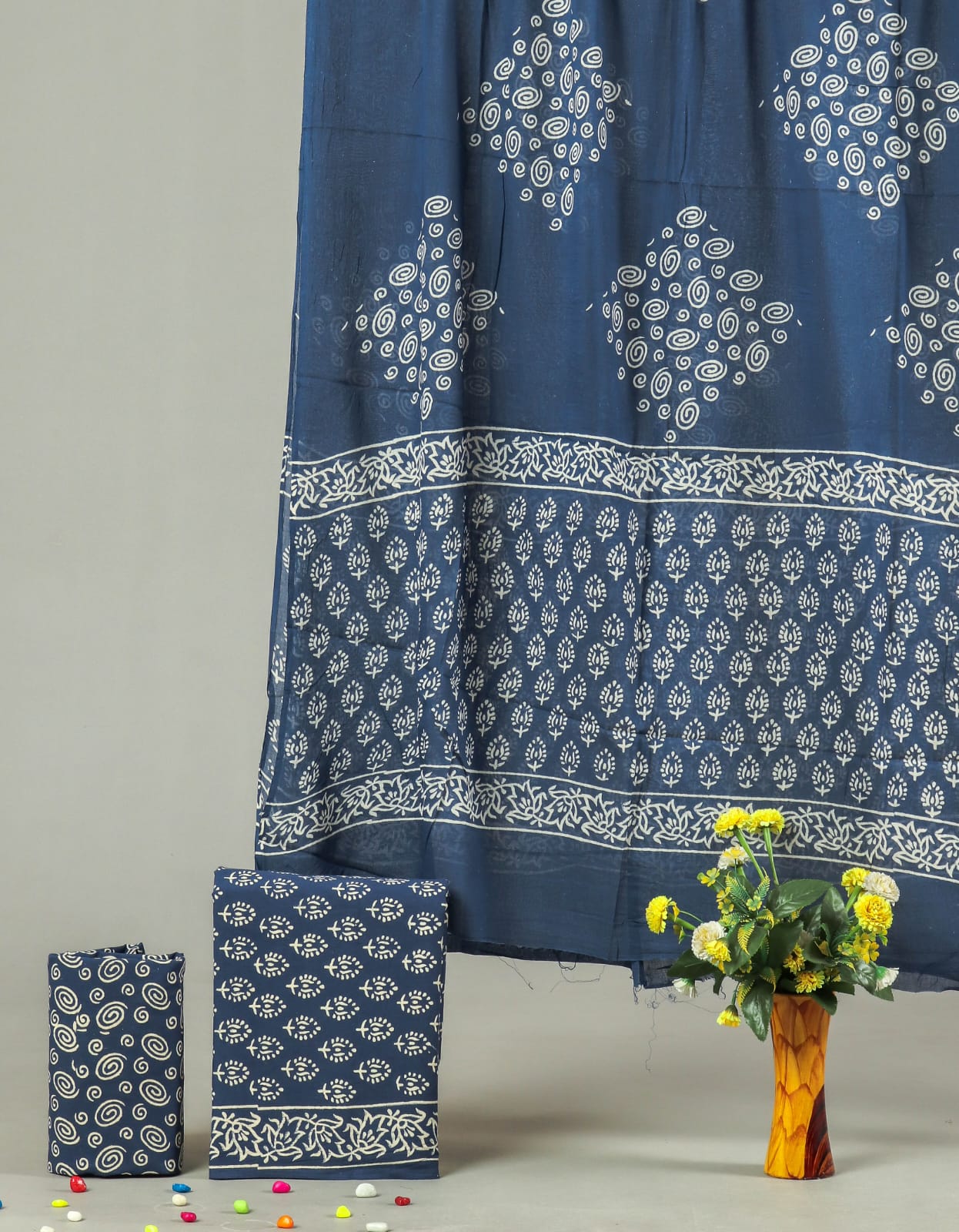 HAND BLOCK PRINTED COTTON 3-PIS SUIT WITH MULMUL DUPPATA (CMS97)