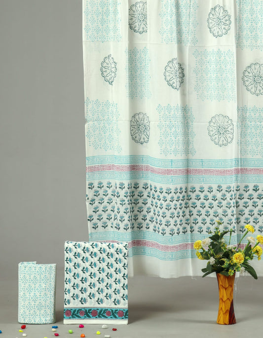 HAND BLOCK PRINTED COTTON 3-PIS SUIT WITH MULMUL DUPPATA (CMS100)