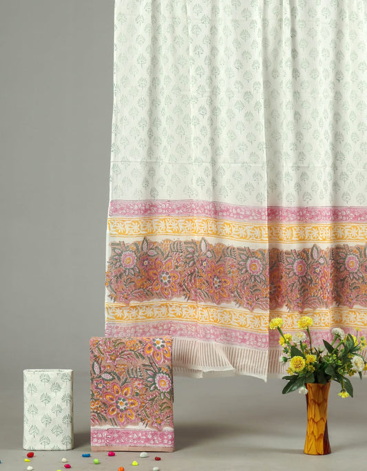 HAND BLOCK PRINTED COTTON 3-PIS SUIT WITH MULMUL DUPPATA (CMS107)