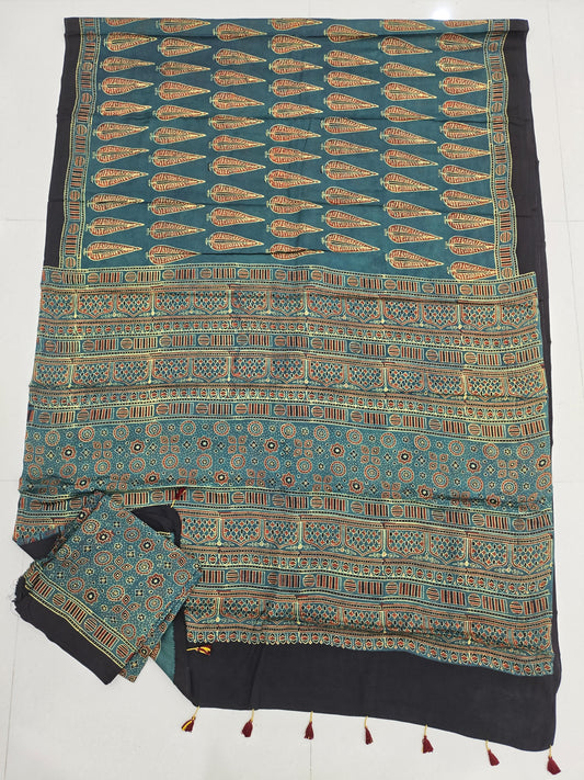 HAND BLOCK PRINTED AJRAKH MODAL SILK SAREE (CIG74)