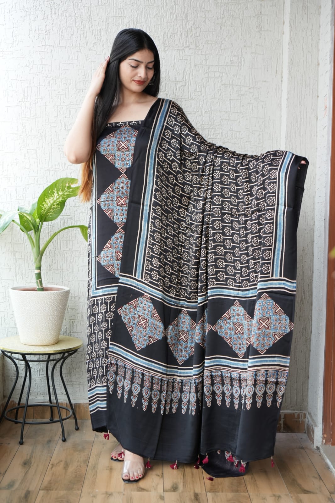 Vanaspati Ajrakh Hand Block Printed Suits Modal Silk Fabric (CIT72)