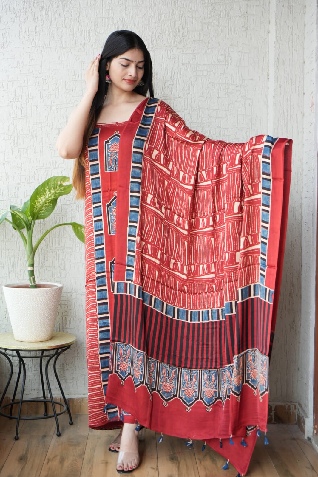 Vanaspati Ajrakh Hand Block Printed Suits Modal Silk Fabric (CIT73)