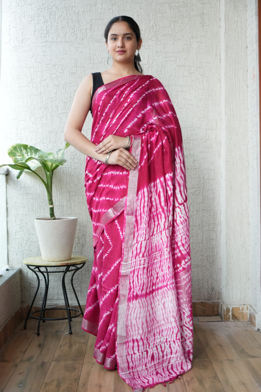 HAND BLOCK BLACK & WHITE PRINTED COTTON LINEN SAREE WITH BLOUSE (LCS155)