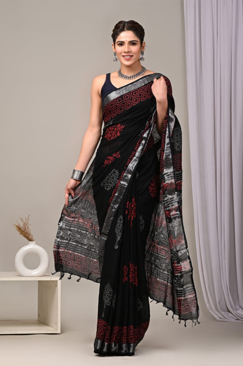 HAND BLOCK BLACK & WHITE PRINTED COTTON LINEN SAREE WITH BLOUSE (LCS158)