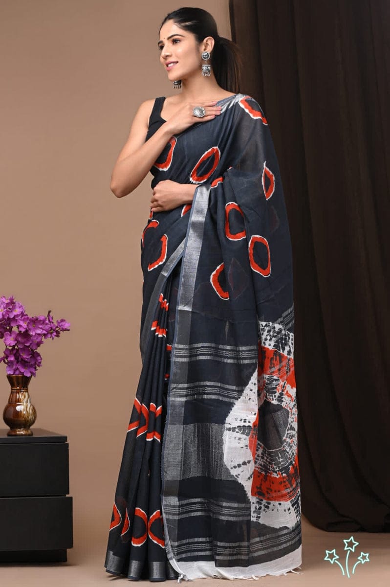 HAND BLOCK BLACK & WHITE PRINTED COTTON LINEN SAREE WITH BLOUSE (LCS159)
