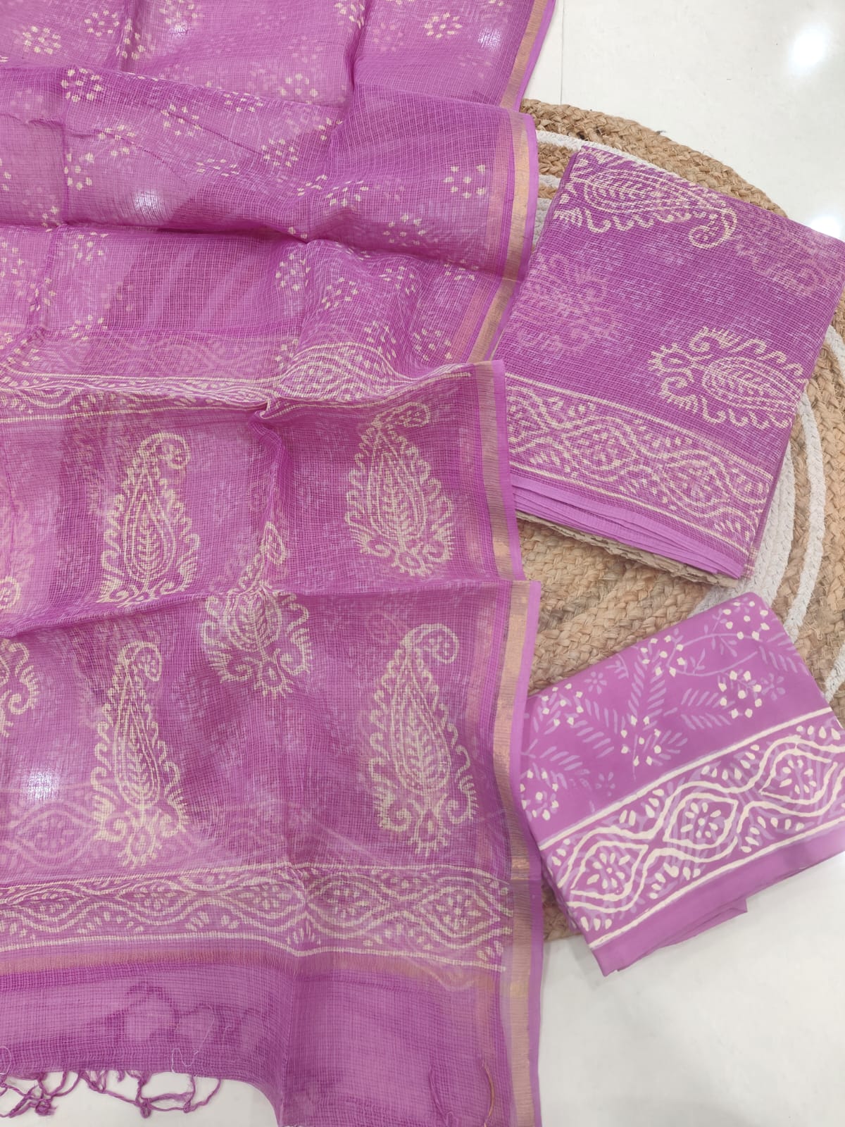 HAND BLOCK PRINTED KOTA DORIYA SUIT WITH KOTA DORIYA DUPPATA (FKS90)
