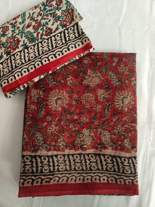 HAND BLOCK BAGRU PRINTED KOTA DORIYA SAREE WITH MULMUL BLOUSE (KDS92)
