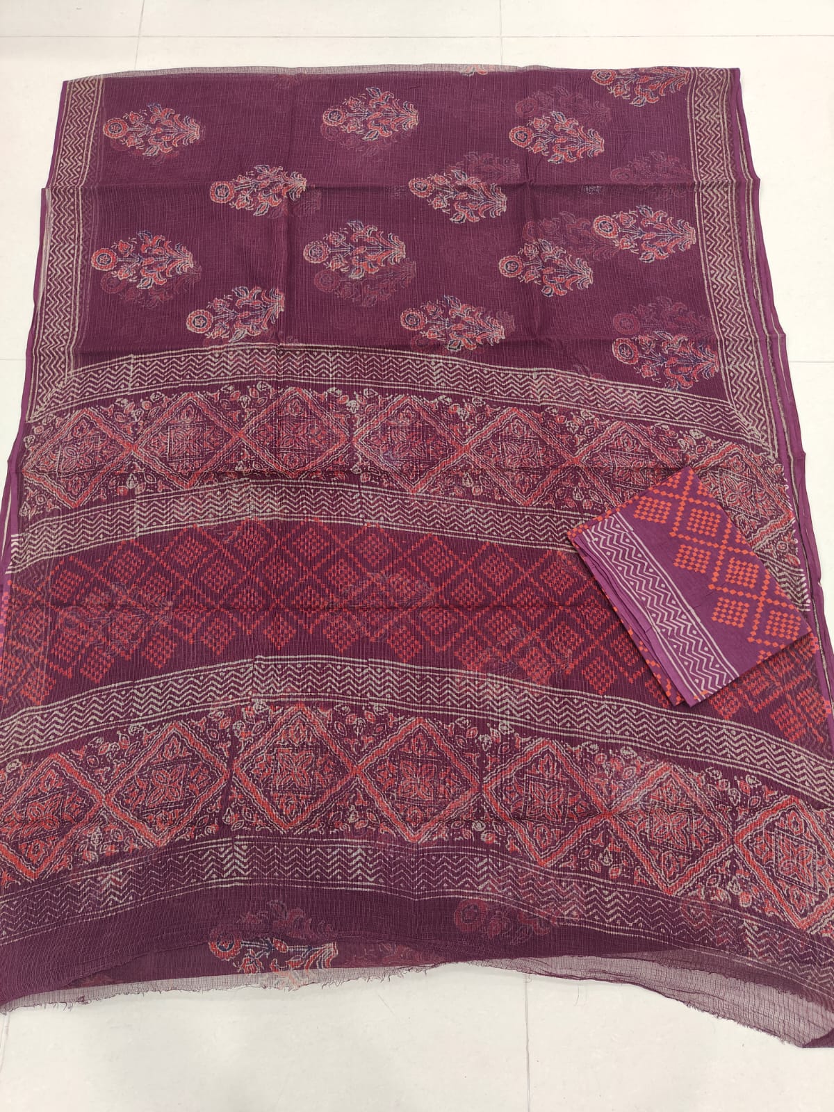 HAND BLOCK BAGRU PRINTED KOTA DORIYA SAREE WITH MULMUL BLOUSE (KDS93)