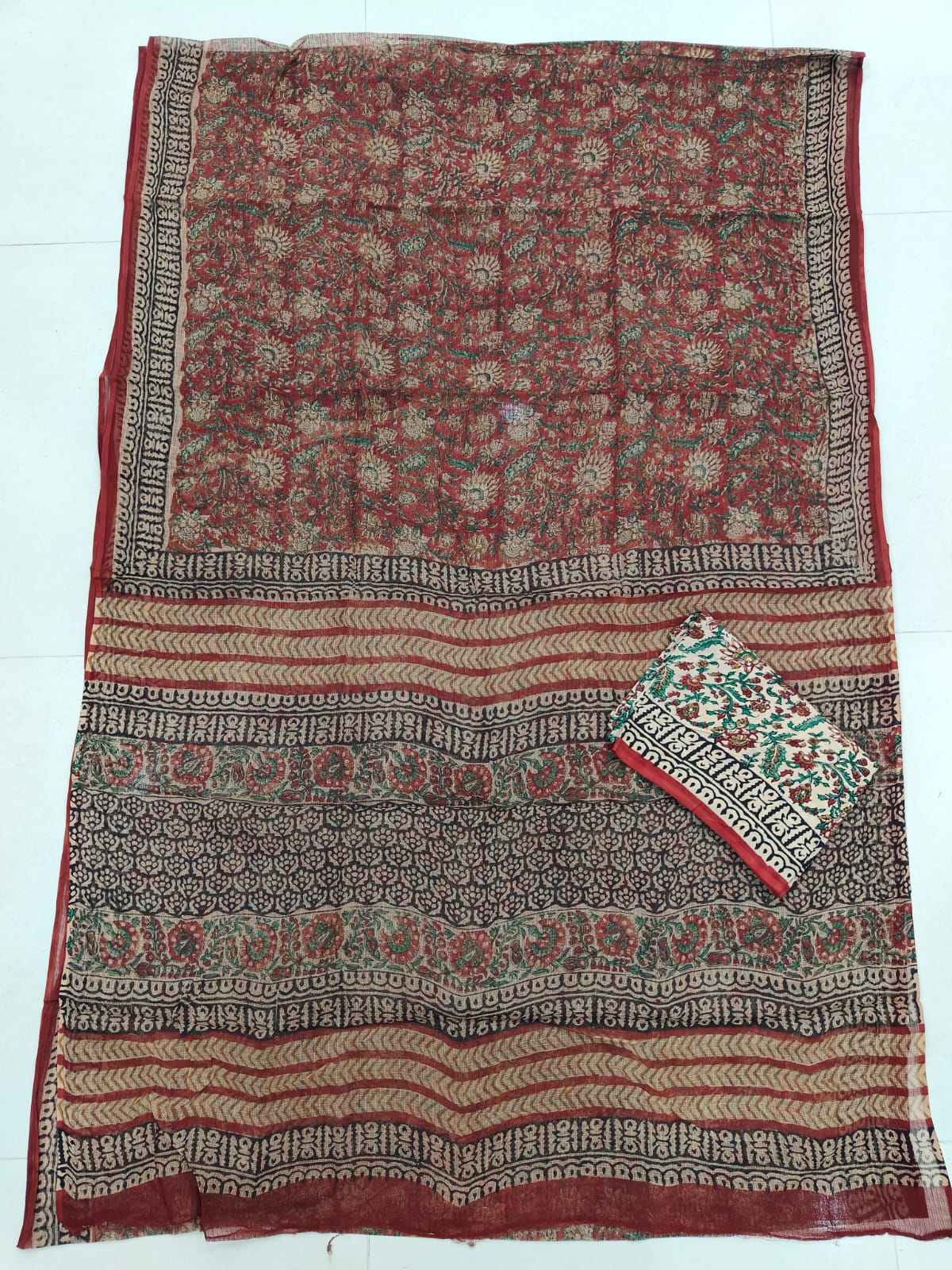 HAND BLOCK BAGRU PRINTED KOTA DORIYA SAREE WITH MULMUL BLOUSE (KDS105)
