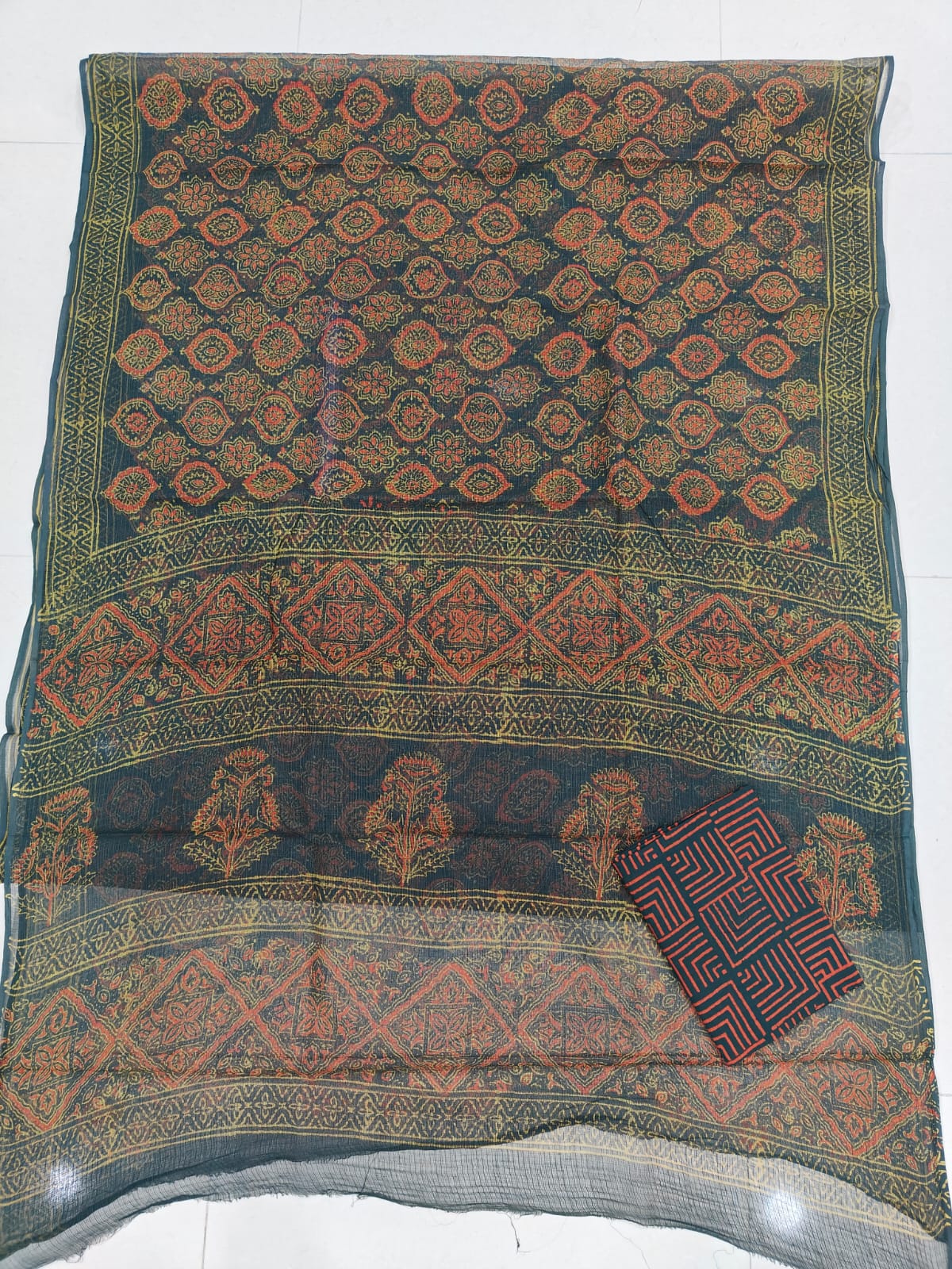 HAND BLOCK BAGRU PRINTED KOTA DORIYA SAREE WITH MULMUL BLOUSE (KDS107)
