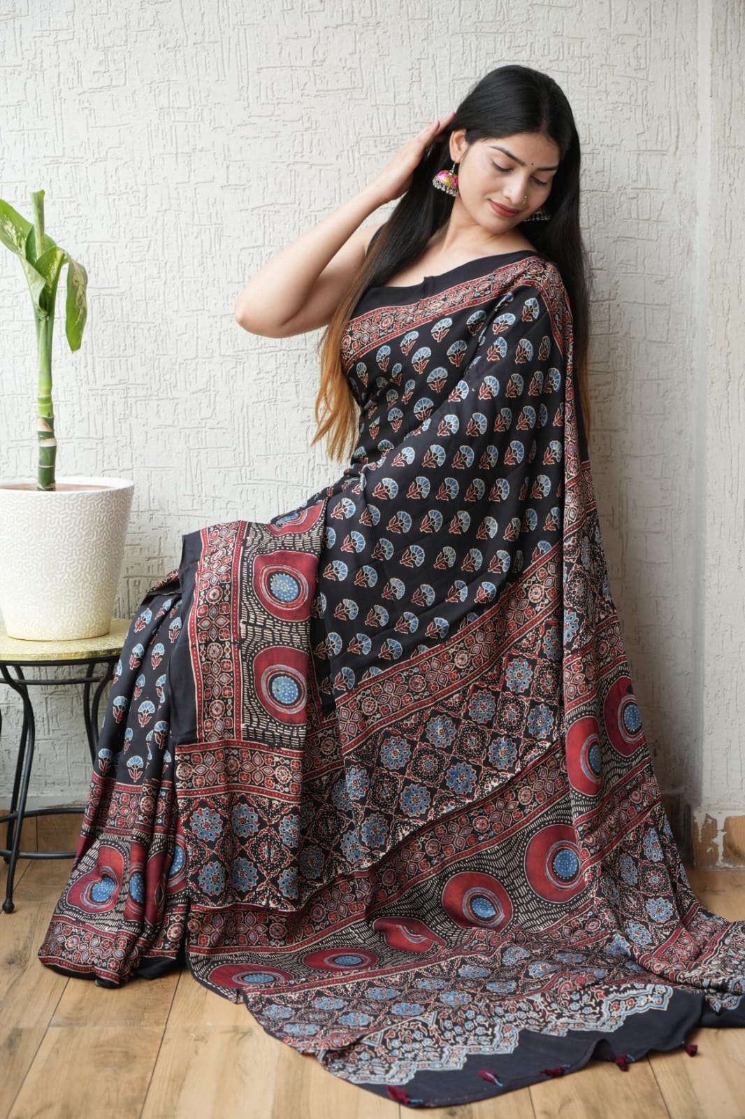 HAND BLOCK PRINTED AJRAKH MODAL SILK SAREE (CIG67)