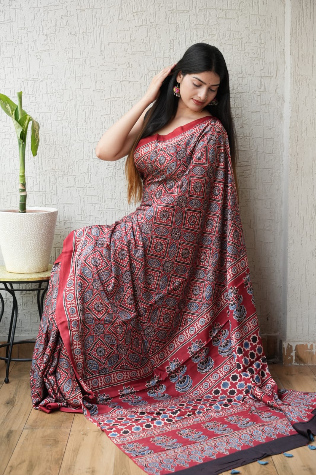 HAND BLOCK PRINTED AJRAKH MODAL SILK SAREE (CIG62)