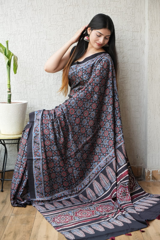 HAND BLOCK PRINTED AJRAKH MODAL SILK SAREE (CIG60)