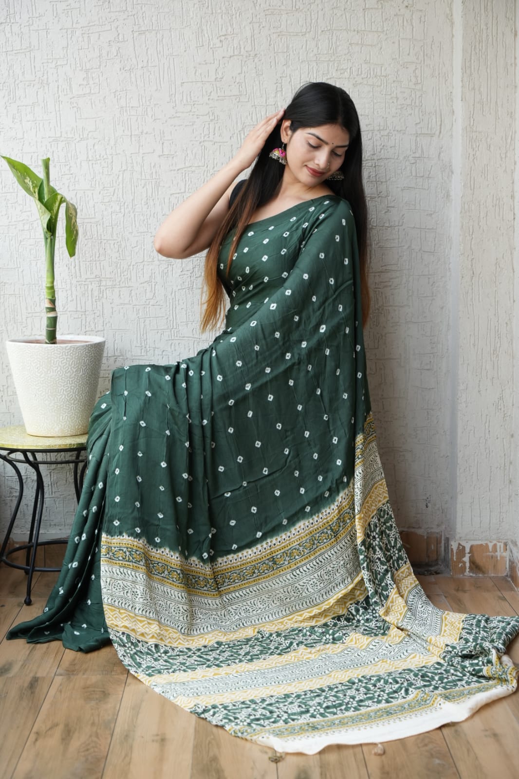 HAND BLOCK PRINTED AJRAKH MODAL SILK SAREE (CIG73)